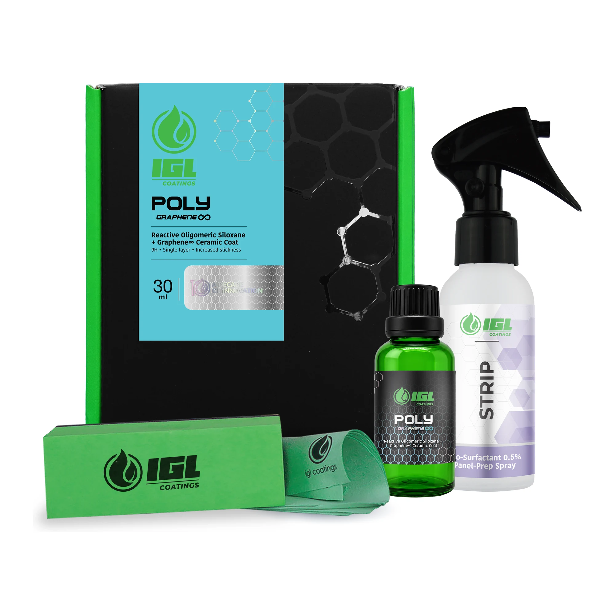 Ecocoat Poly 30 ml kit: box, glass bottle, Strip spray, applicator and cloth
