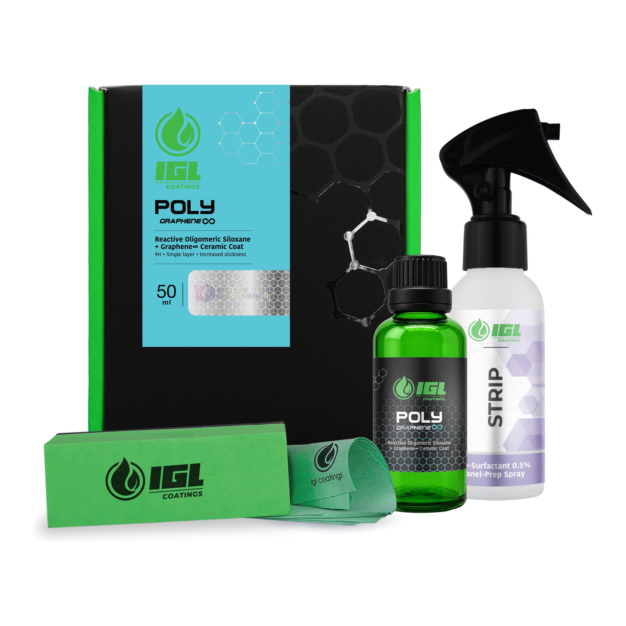 Ecocoat Poly 50 ml kit: box, glass bottle, Strip spray, applicator and cloth