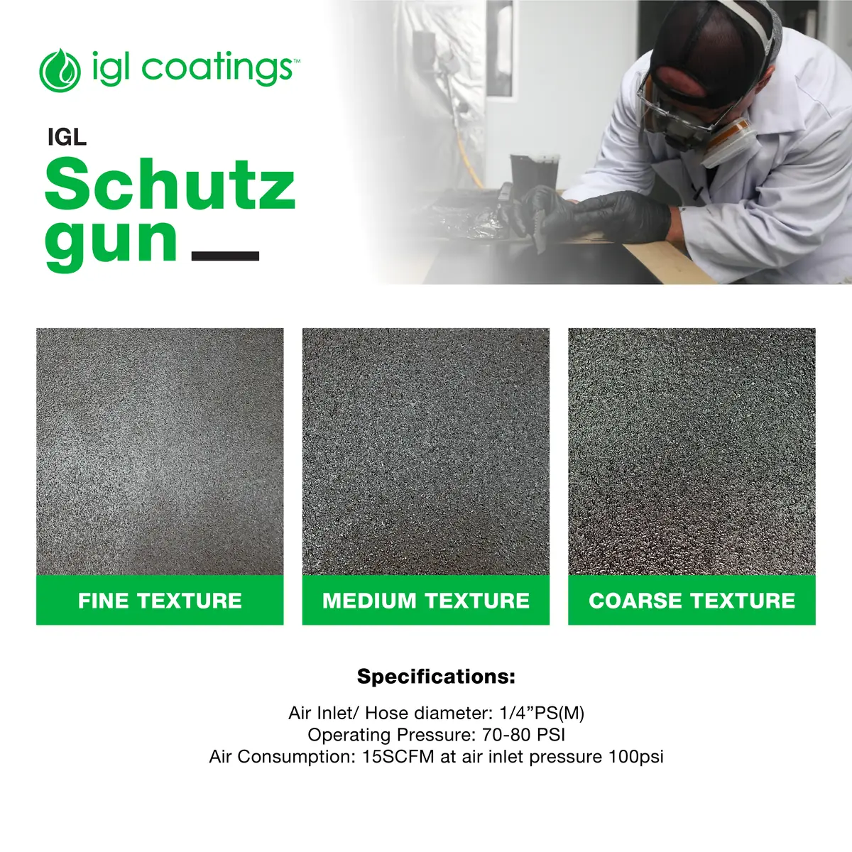 IGL Schutz Gun fine, medium and coarse texture swatches above a specifications panel