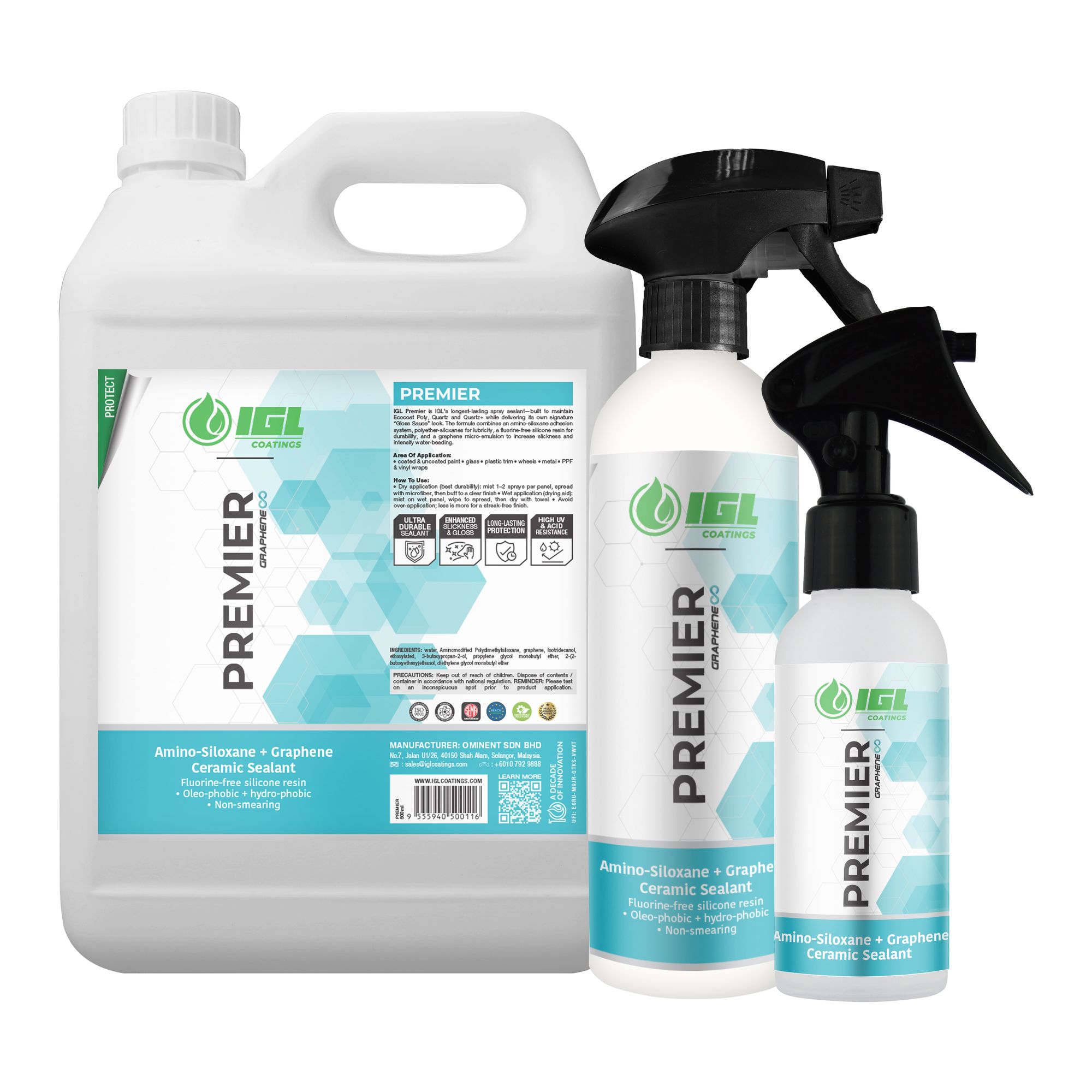 Premier jerry can beside one tall and one small trigger spray bottle